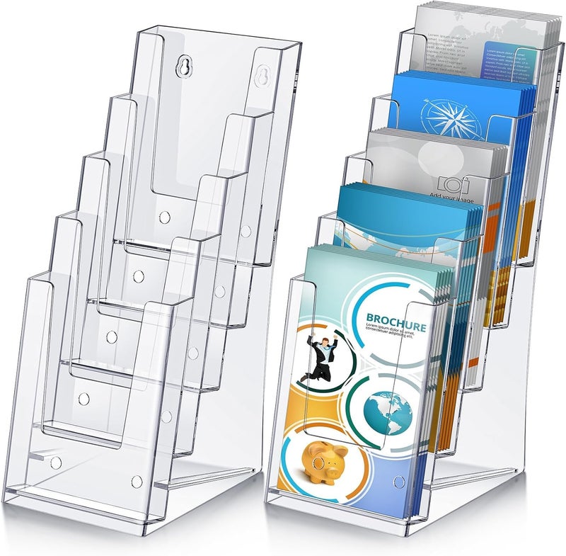 KASTWAVE Acrylic Brochure Holder, 5 Tier Clear Literature Organizer Magazine Stand Display, with Removable Divider,for Pamphlets, Booklets, Magazines, Menus, Multi Purpose Organizer For Office (2 Pcs) - Image 1