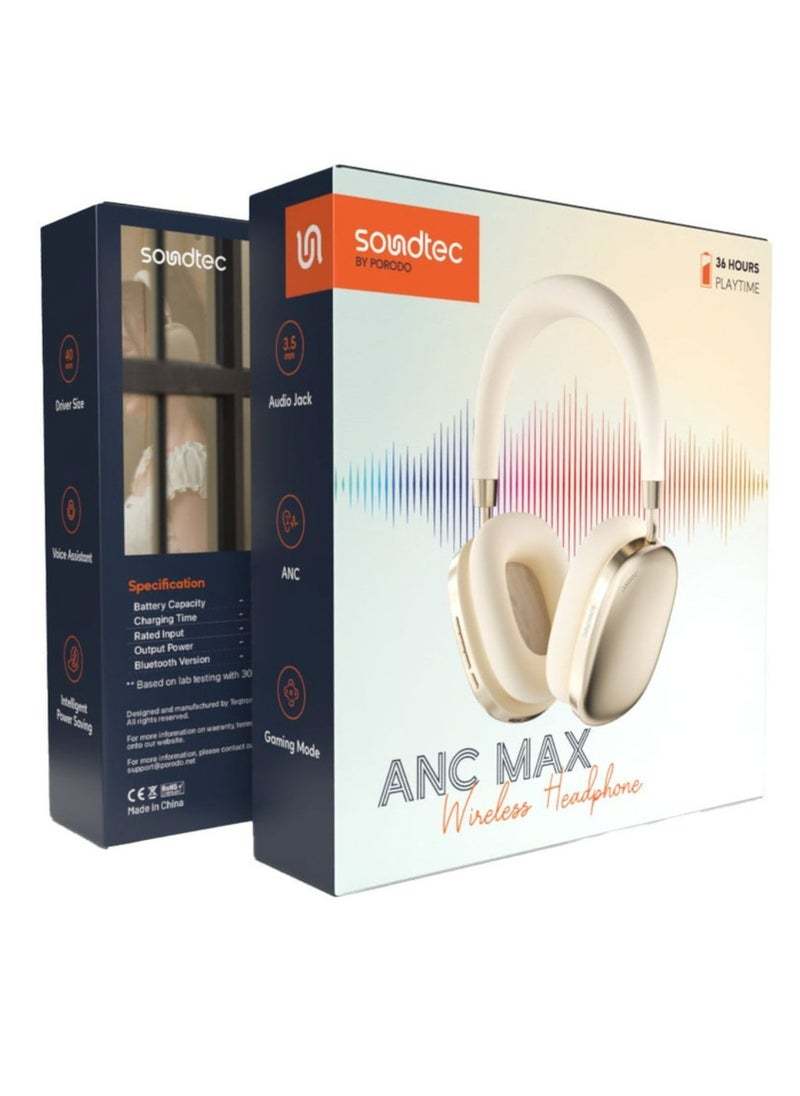بورودو - سماعات رأس لاسلكية Soundtec ANC Airpod MAX، مساعد صوتي، سعة بطارية 400 مللي أمبير في الساعة، وقت شحن لمدة ساعتين، وقت عمل يصل إلى 51 ساعة، وضع الألعاب - ذهبي - Image 1