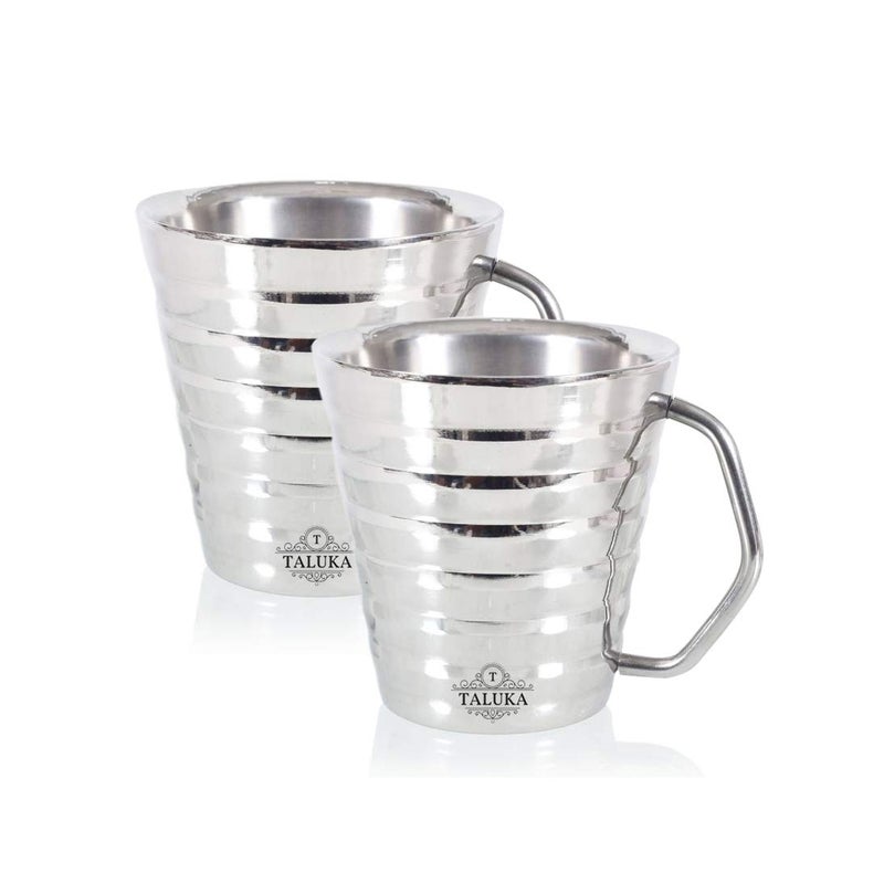 Taluka Stainless Steel Ribbed Conical Insulated Double Wall Coffee and Tea Mug Cup Set of 2 200 ml Hotel Home Restaurant Silver - Image 1