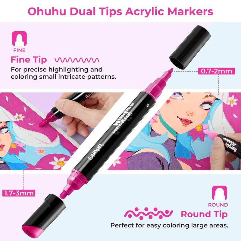 Ohuhu Ohuhu Acrylic Paint Pens 30 Colours Dual Tip Acrylic Paint Markers Round & Fine Acrylic Paint Markers for Easter Eggs Rock Painting Waterproof High Opacity Paint Pens Wood Glass Acrylic Markers - Image 2