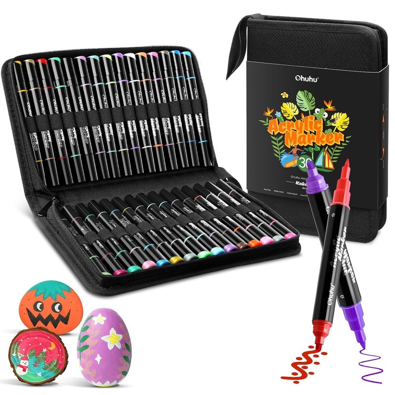 Ohuhu Ohuhu Acrylic Paint Pens 30 Colours Dual Tip Acrylic Paint Markers Round & Fine Acrylic Paint Markers for Easter Eggs Rock Painting Waterproof High Opacity Paint Pens Wood Glass Acrylic Markers - Image 1