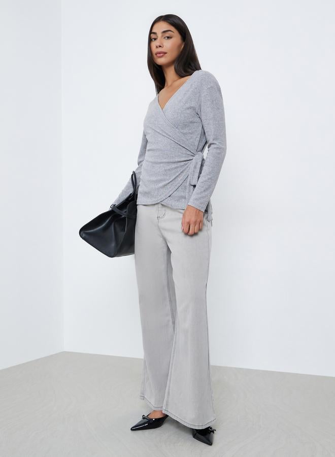 Styli Grey Plain Long Sleeve Wrap Knit Top - Image 2