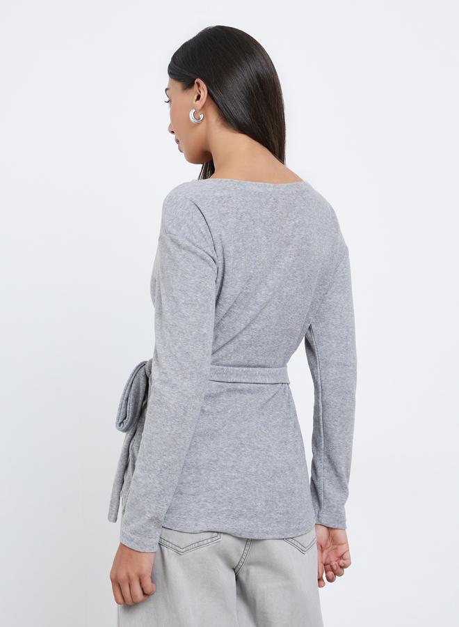 Styli Grey Plain Long Sleeve Wrap Knit Top - Image 5