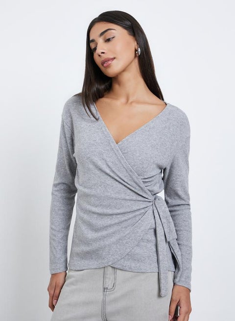Styli Grey Plain Long Sleeve Wrap Knit Top