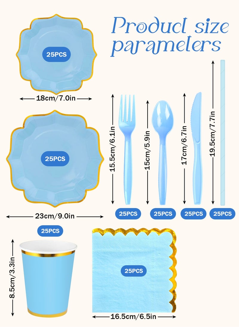 HomarKet 200 Pcs Disposable Paper Plates and Napkins,25 Guest Party Supplies Dinnerware Set Include Polygon Paper Plates Napkin Cup Straw Plastic Spoon Fork Knive for Party,Wedding,Birthday (Blue) - Image 2