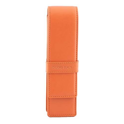 DiLoro Leather Double Pen Case Pencil Pouch Holder for Two Fountain Ballpoint Rollerball Pens and Pencils (Orange) - Image 1