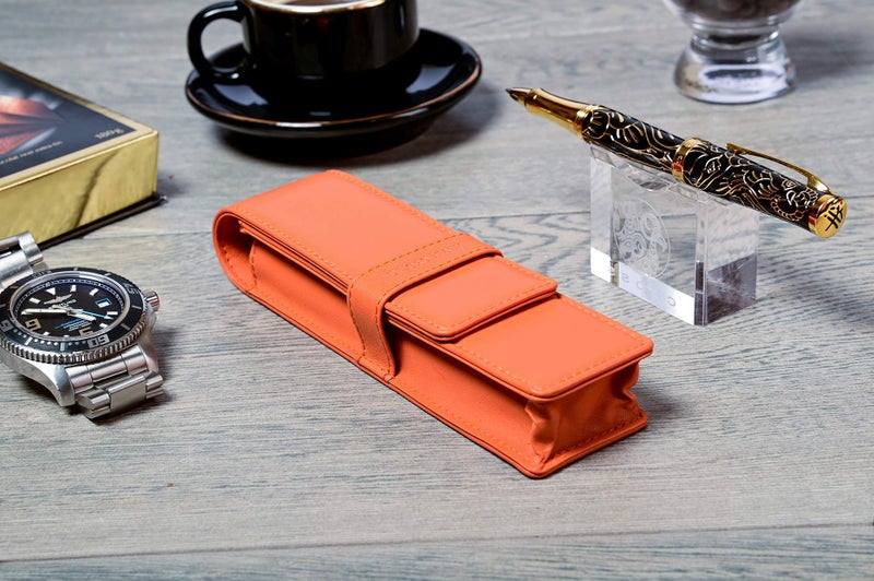 DiLoro Leather Double Pen Case Pencil Pouch Holder for Two Fountain Ballpoint Rollerball Pens and Pencils (Orange) - Image 2