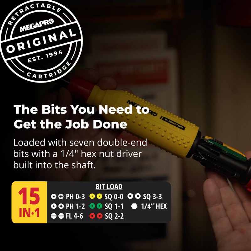 MEGAPROÂ® 15-in-1 Original Multi-bit Screwdriver | Home DIY & Repair | Construction | Tradeswork | 14 Industrial-grade bit tips | 1/4" Hex Drive in shaft (PL Robertson) - Image 2