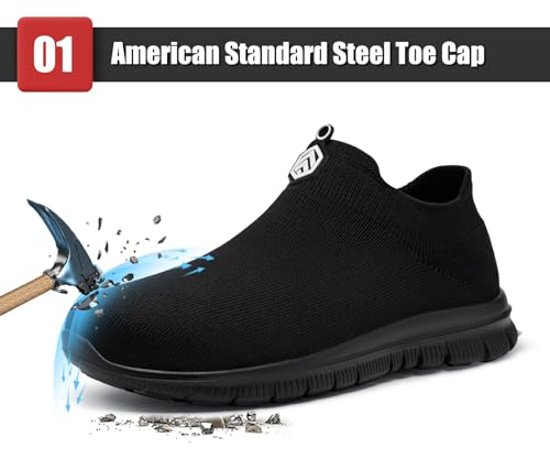 LARNMERN Steel Toe Shoes Men Women Slip On Work Boots Safety Sneakers Comfortable Lightweight Walking Tennis Construction Footwear (10 Women/8 Men, Black) - Image 2