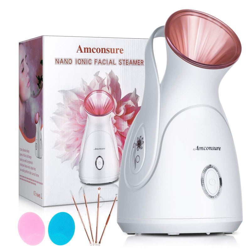 Facial Steamer Amconsure Nano Ionic Face Steamer for Home 100ML Warm Mist Humidifier for Women Moisturizing Unclogs PoresBonus Stainless Steel Skin Kit and 2 Face Scrubbers