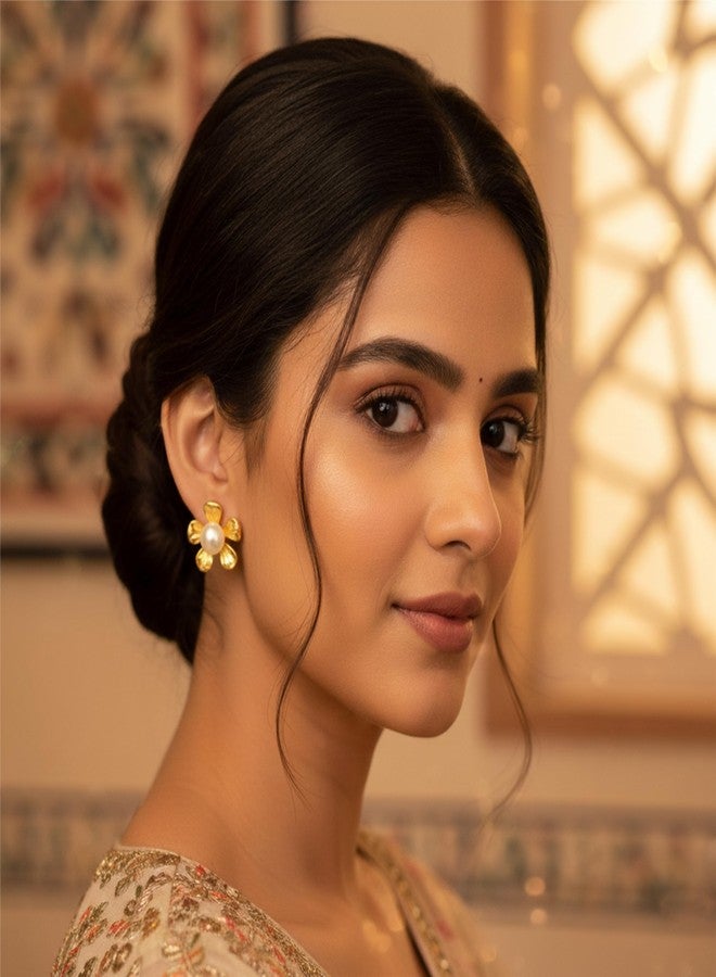 AMAAL Flower earrings set for women stylish earinging western Stylish Pearl Chunky Golden Dainty Big Huggie Hoop Earrings | Aesthetic Drop Ear rings long Korean Fashion Jewellery for Women Girls 215 - Image 2