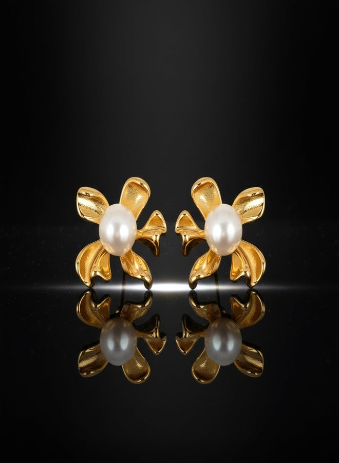 AMAAL Flower earrings set for women stylish earinging western Stylish Pearl Chunky Golden Dainty Big Huggie Hoop Earrings | Aesthetic Drop Ear rings long Korean Fashion Jewellery for Women Girls 215 - Image 3