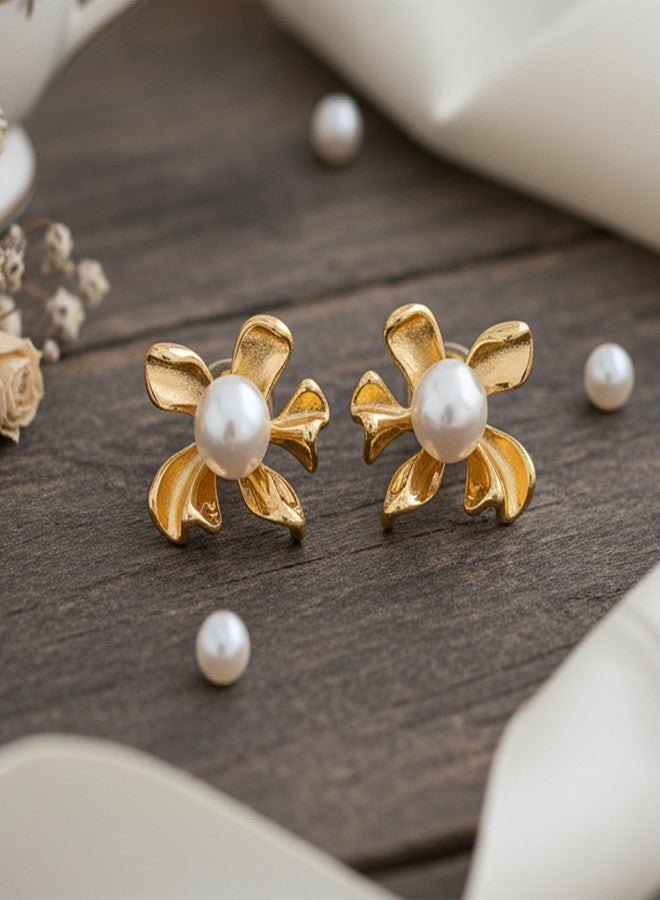 AMAAL Flower earrings set for women stylish earinging western Stylish Pearl Chunky Golden Dainty Big Huggie Hoop Earrings | Aesthetic Drop Ear rings long Korean Fashion Jewellery for Women Girls 215 - Image 4
