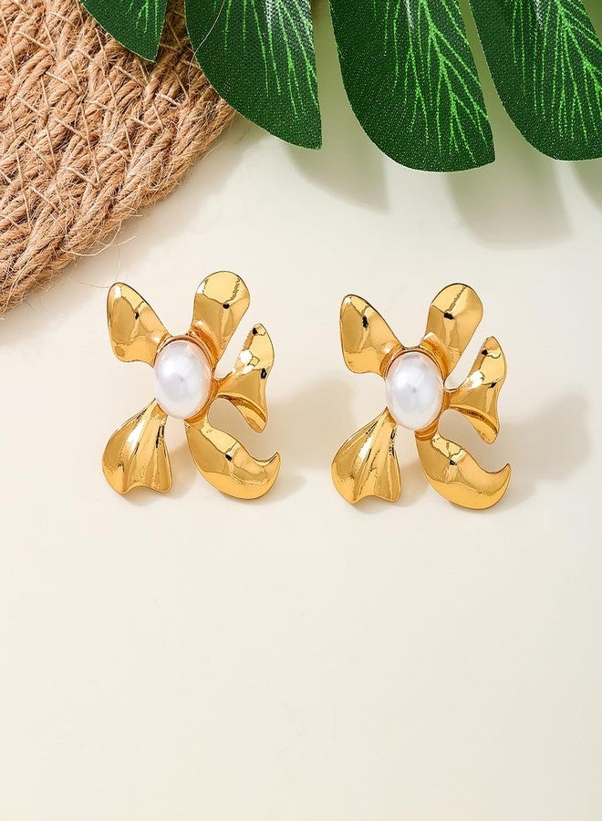 AMAAL Flower earrings set for women stylish earinging western Stylish Pearl Chunky Golden Dainty Big Huggie Hoop Earrings | Aesthetic Drop Ear rings long Korean Fashion Jewellery for Women Girls 215 - Image 5