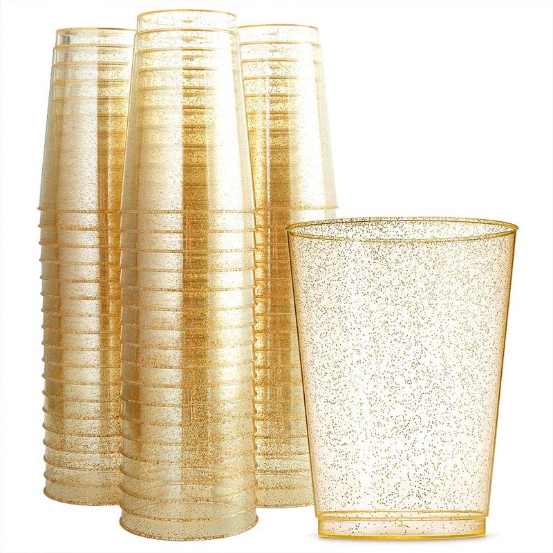 WDF 100 PACK Silver Glitter Plastic Disposable Cups  12 Oz BPAFree Heavy Duty Ideal for Parties Weddings Daily Use
