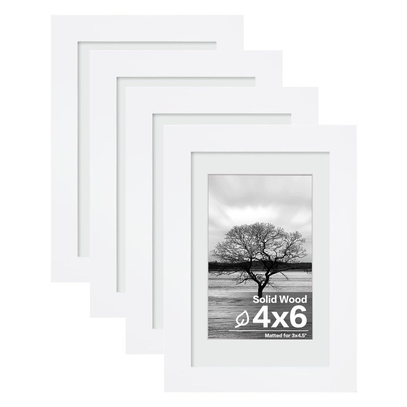 Egofine 4x6 Picture Frames Set of 4 Made of Solid Wood Covered by Plexiglass 35x5 with Mat or 4x6 without Mat for Table Top Display and Wall Mounting Photo Frame White