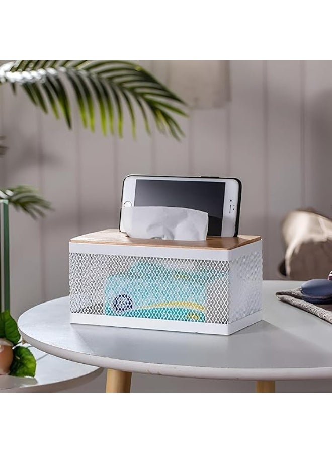 Metal Tissue Box with Bamboo Lid and Phone Holder, Modern and Classic Creative Tissue Box for Hotels, Cafes, Home, Office, Holds About 550 Tissues. - Image 5