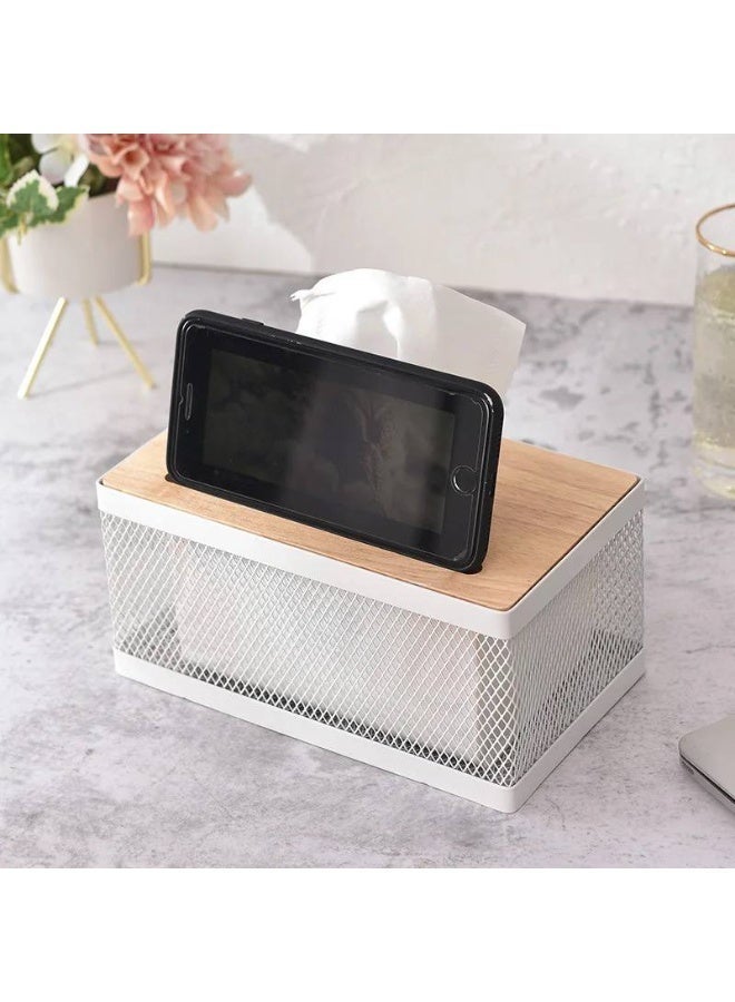 Metal Tissue Box with Bamboo Lid and Phone Holder, Modern and Classic Creative Tissue Box for Hotels, Cafes, Home, Office, Holds About 550 Tissues. - Image 2