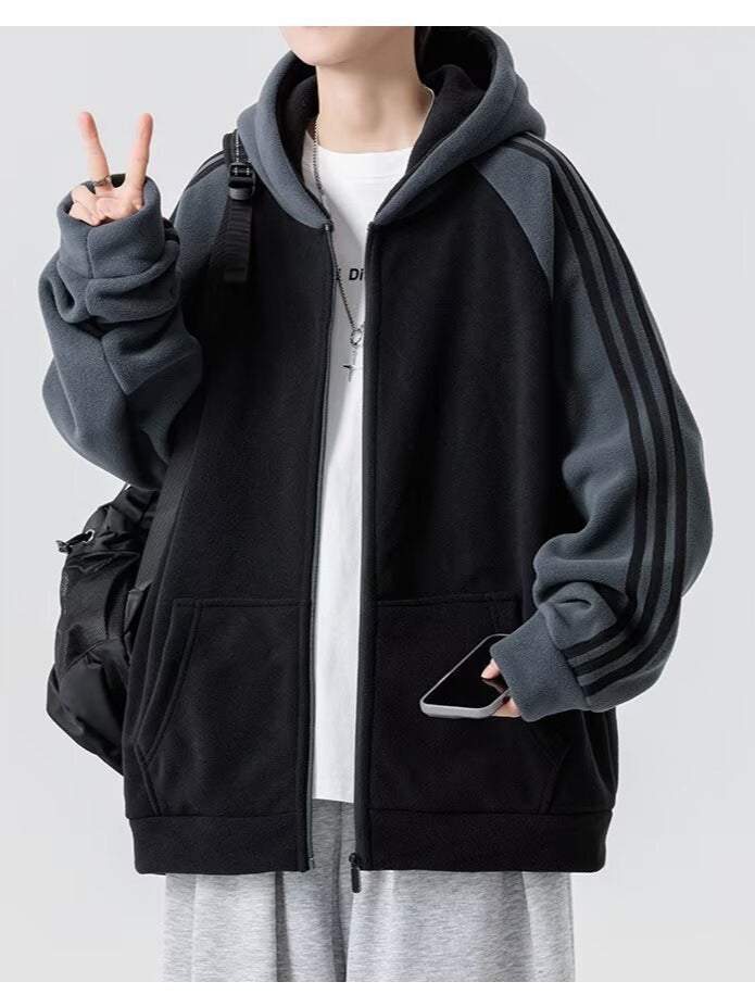 Double-Sided Velvet Jacket Men'S Trendy Brand Clothes Sweatshirt Loose Hooded Polar Fleece Thickeneded Warm Top - Image 5