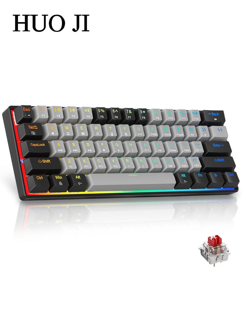 HUO JI CQ087 Portable 60% Mechanical Gaming Keyboard,  RGB Backlit Compact 61 Keys Mini Wired Office Keyboard with Red Switch for Windows Laptop PC Mac - Grey/Black  - Image 1