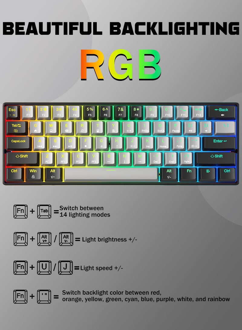 HUO JI CQ087 Portable 60% Mechanical Gaming Keyboard,  RGB Backlit Compact 61 Keys Mini Wired Office Keyboard with Red Switch for Windows Laptop PC Mac - Grey/Black  - Image 3