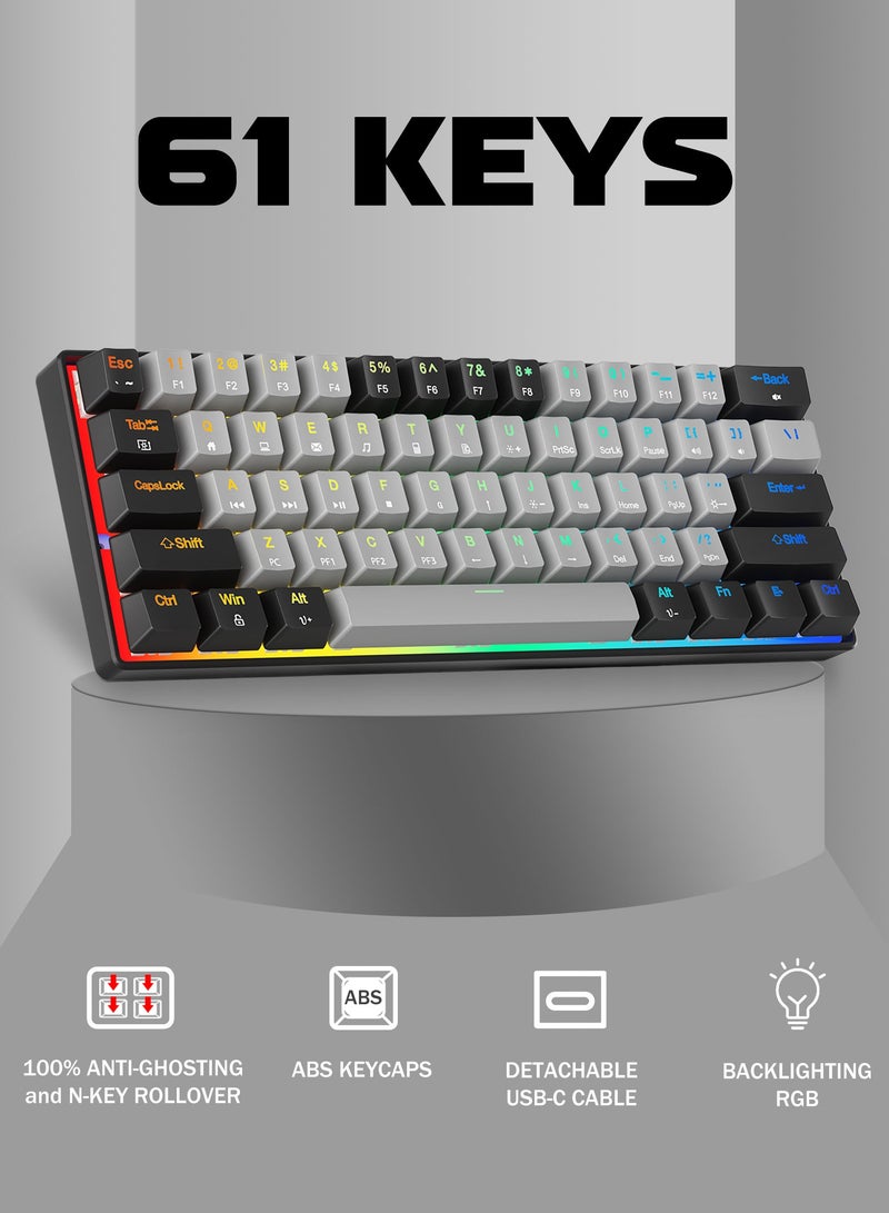 HUO JI CQ087 Portable 60% Mechanical Gaming Keyboard,  RGB Backlit Compact 61 Keys Mini Wired Office Keyboard with Red Switch for Windows Laptop PC Mac - Grey/Black  - Image 2