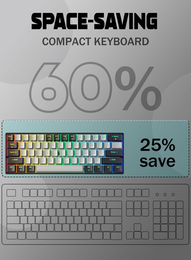 HUO JI CQ087 Portable 60% Mechanical Gaming Keyboard,  RGB Backlit Compact 61 Keys Mini Wired Office Keyboard with Red Switch for Windows Laptop PC Mac - Grey/Black  - Image 4