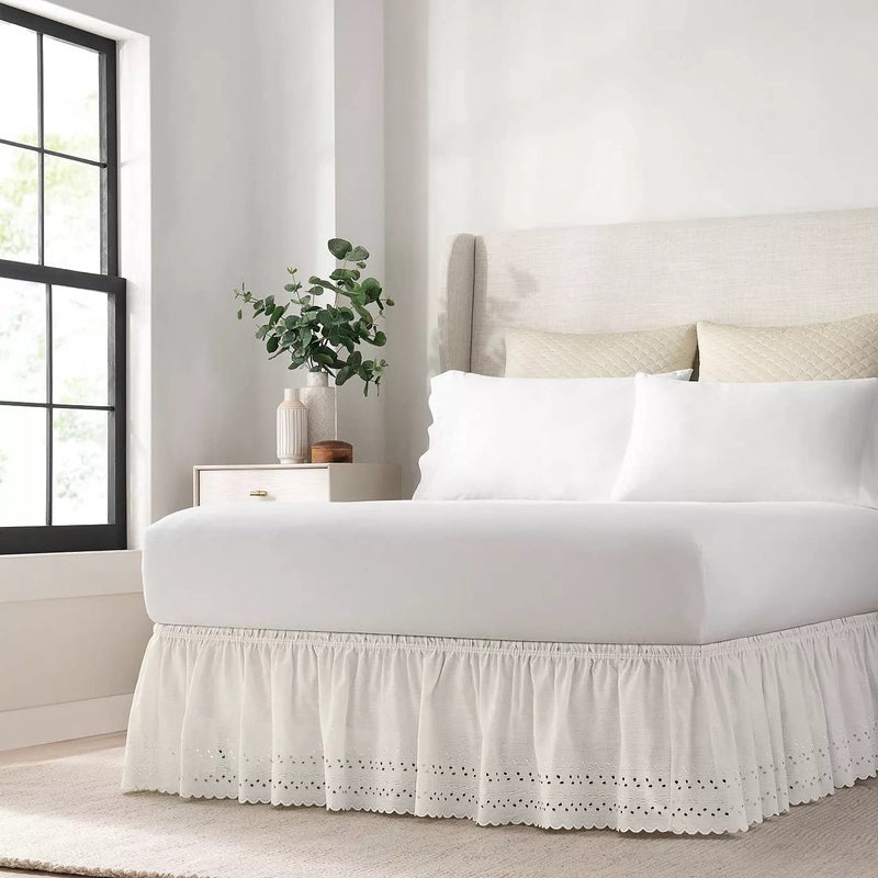 EASY FIT Eyelet Elastic Wrap Around Bed Skirt, Easy On/Off Dust Ruffle (18 Inch Drop), Queen/King, White - Image 1