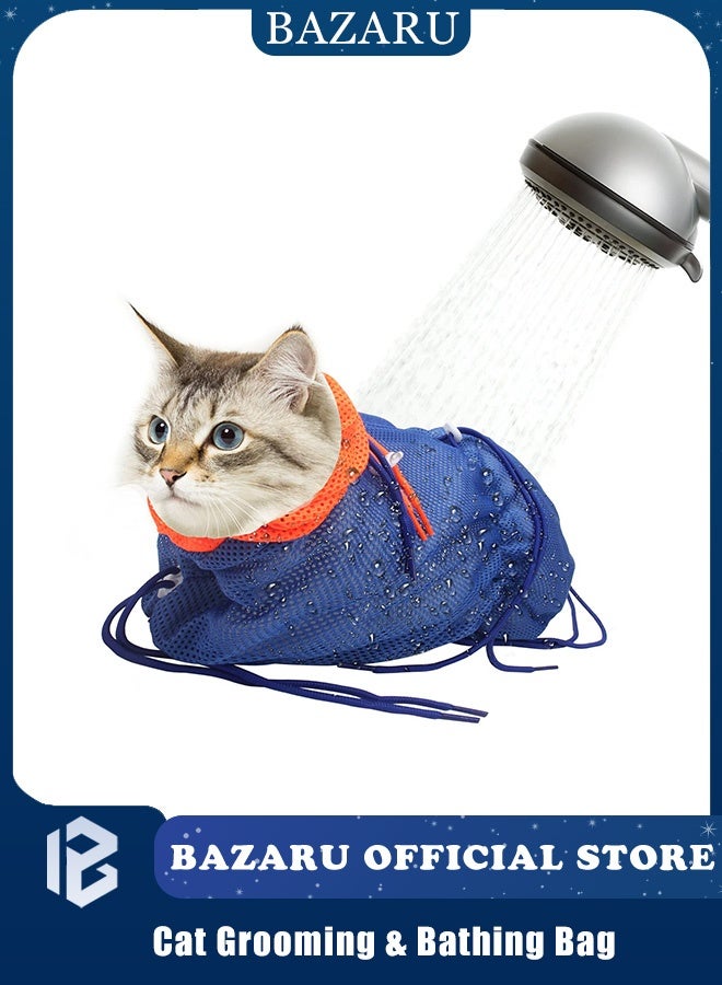 BAZARU Cat Grooming & Bathing Bag – Anti-Scratch Breathable Mesh for Safe Nail Trimming, Ear Cleaning, Medicine Care, 5 Adjustable Drawstrings, Universal Fit for Cats (Blue) - Image 1