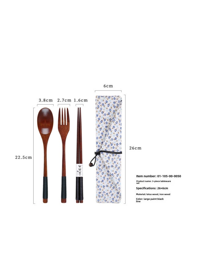 Yfjy Special Season Japanese Wooden Chopsticks Spoon Fork Portable One-person Spoon Fork Chopsticks Picnic Three-piece Cloth Bag-Specifications:(Lotus) 22.5 Spoon, Fork, Chopsticks, Big Lacquer, Black Line + Floret  - Image 1