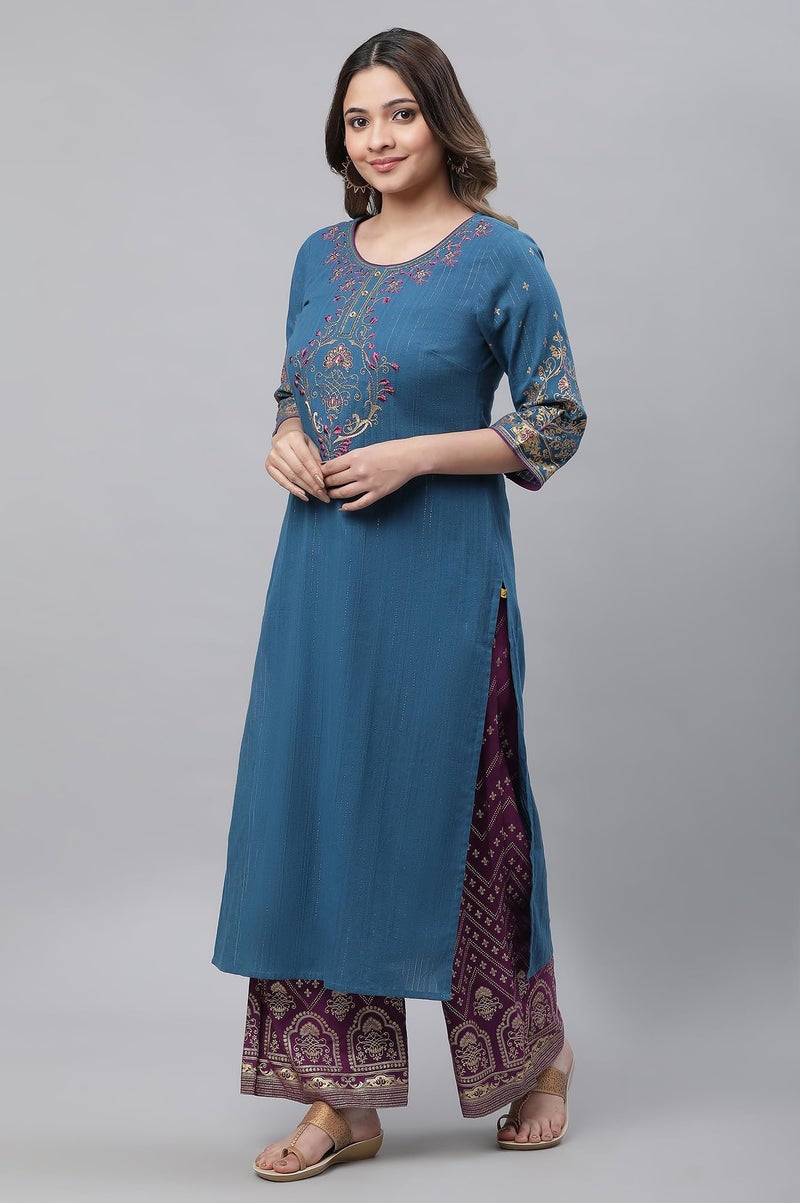 Aurelia Women's Cotton Regular Regular Fit Kurta (24FEA14536-606020_Ink Blue, 2XL - Image 2