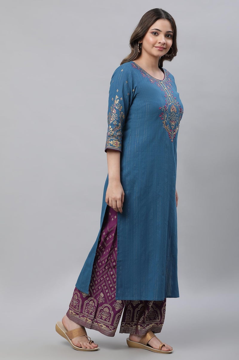 Aurelia Women's Cotton Regular Regular Fit Kurta (24FEA14536-606020_Ink Blue, 2XL - Image 4