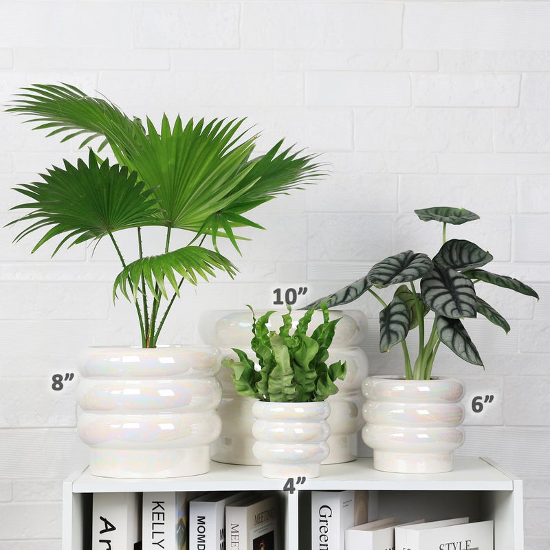 YFFSRJDJ 10 inch Ceramic Plant Pots for Indoor Plants, Rainbow Pearl Glaze Planter with Planters for Plants with Drainage Hole, Orchid Pots, Succulent Pot, Large Flower Pot (White) - Image 4