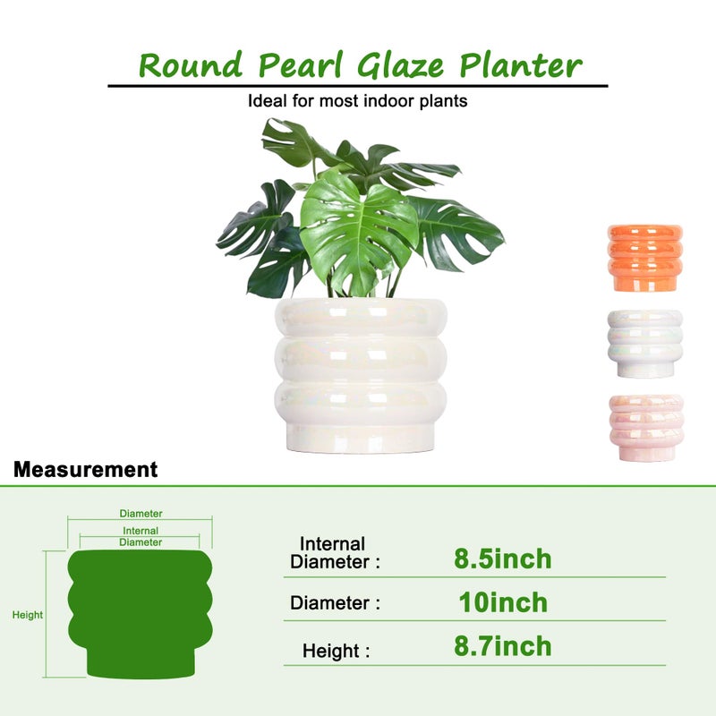 YFFSRJDJ 10 inch Ceramic Plant Pots for Indoor Plants, Rainbow Pearl Glaze Planter with Planters for Plants with Drainage Hole, Orchid Pots, Succulent Pot, Large Flower Pot (White) - Image 2