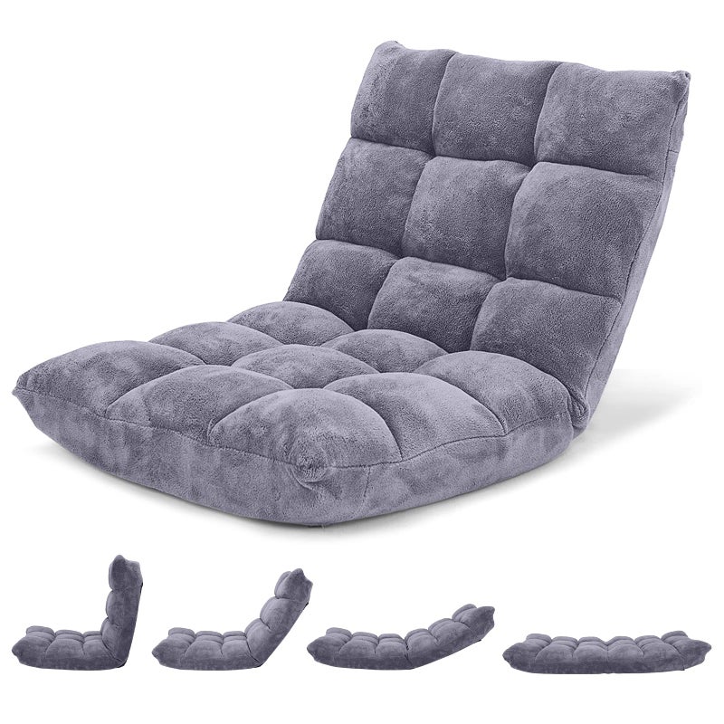 Giantex Folding Floor Chair with Back Support, 14 Adjustable Position, Padded Sleeper Bed, Couch Recliner, Gaming Floor Chairs for Adults, Meditation, Living Room (Grey) - Image 1