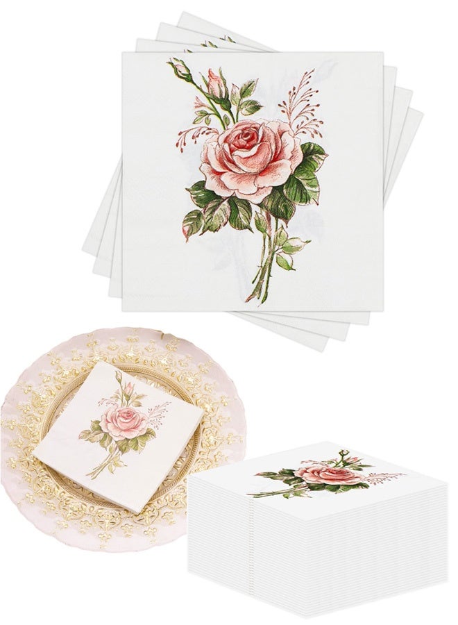 40 PCS Beverage Napkins, Cocktail Napkins with Vintage Pink Ivory Rose Decorative for Wedding Party Restaurant, Soft Paper Disposable - Image 1