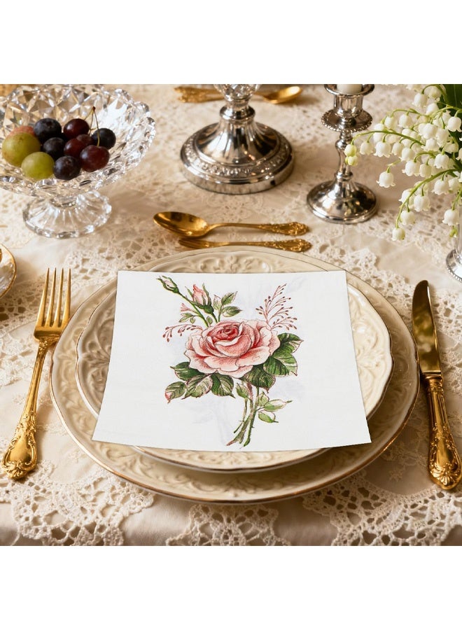 40 PCS Beverage Napkins, Cocktail Napkins with Vintage Pink Ivory Rose Decorative for Wedding Party Restaurant, Soft Paper Disposable - Image 5