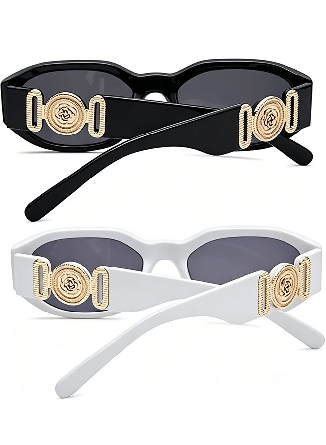 GD 2 Pcs Retro Cat Eye Sunglasses with Gold Decor Trendy Rectangle Sunglasses Small Frame Sunglasses for Women Streetwear Parties Daily Wear Photoshoots and Gifts (Black/White) - Image 4