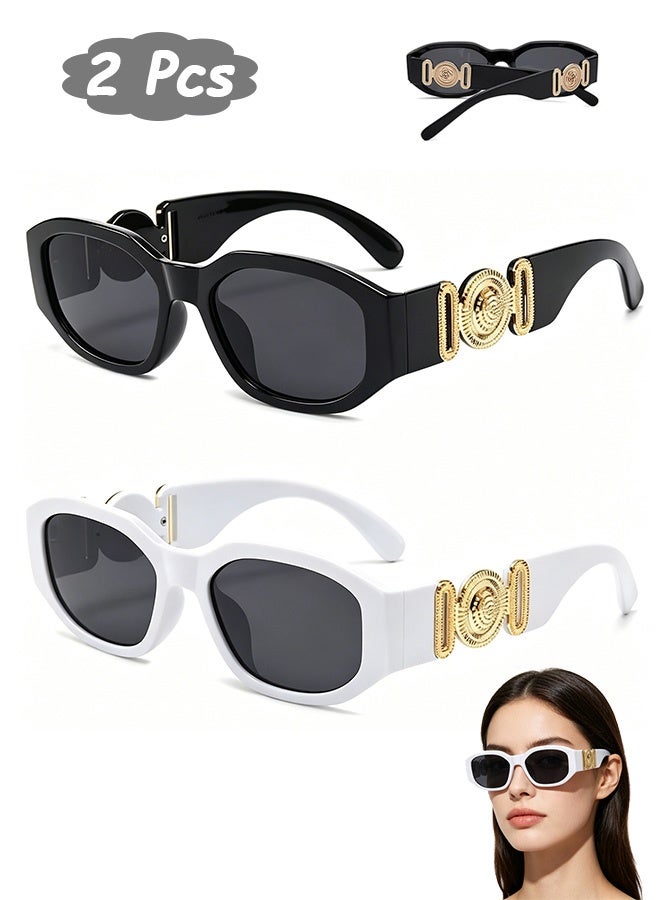 GD 2 Pcs Retro Cat Eye Sunglasses with Gold Decor Trendy Rectangle Sunglasses Small Frame Sunglasses for Women Streetwear Parties Daily Wear Photoshoots and Gifts (Black/White) - Image 1
