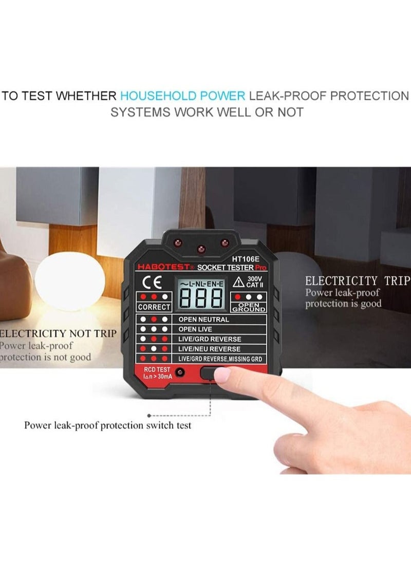 Advanced RCD Electric Socket Tester Automatic Neutral Live Earth Wire Testing Circuit Tester Wall Plug Breaker Finder Electric Leakage Test with Voltage Backlight LCD Display
