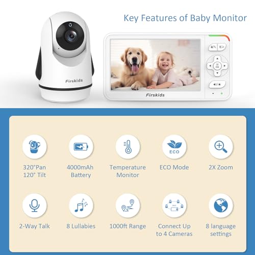 Firskids 5 Baby Monitor with Camera and Audio No WiFi Travel Baby Monitor Pan Tilt Zoom Baby Camera Monitor with 2Way Talk 32H Battery Room Temp Sensor IR Night Vision ECO Mode1000ft Range - Image 3