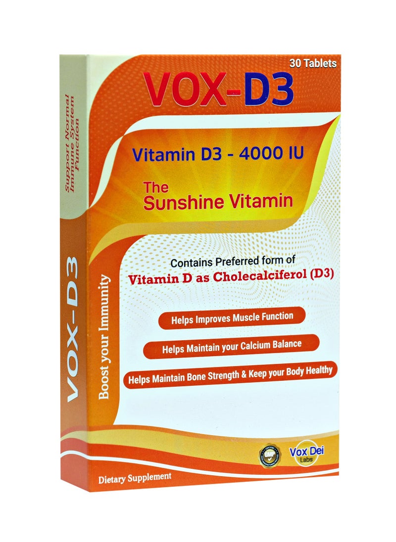 Vox Dei Labs VOX-D3 Vitamin D3 4000 IU Tablets – The Sunshine Vitamin for Bone Strength, Muscle Function, Immunity Boost, and Calcium Balance – 30 Tablets  - Image 1
