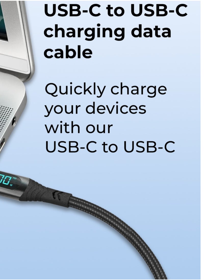 glassology - USB C to C 1.2 Meter LED Current Voltage Display 3A USB Fast Charging Braided Black - Image 1
