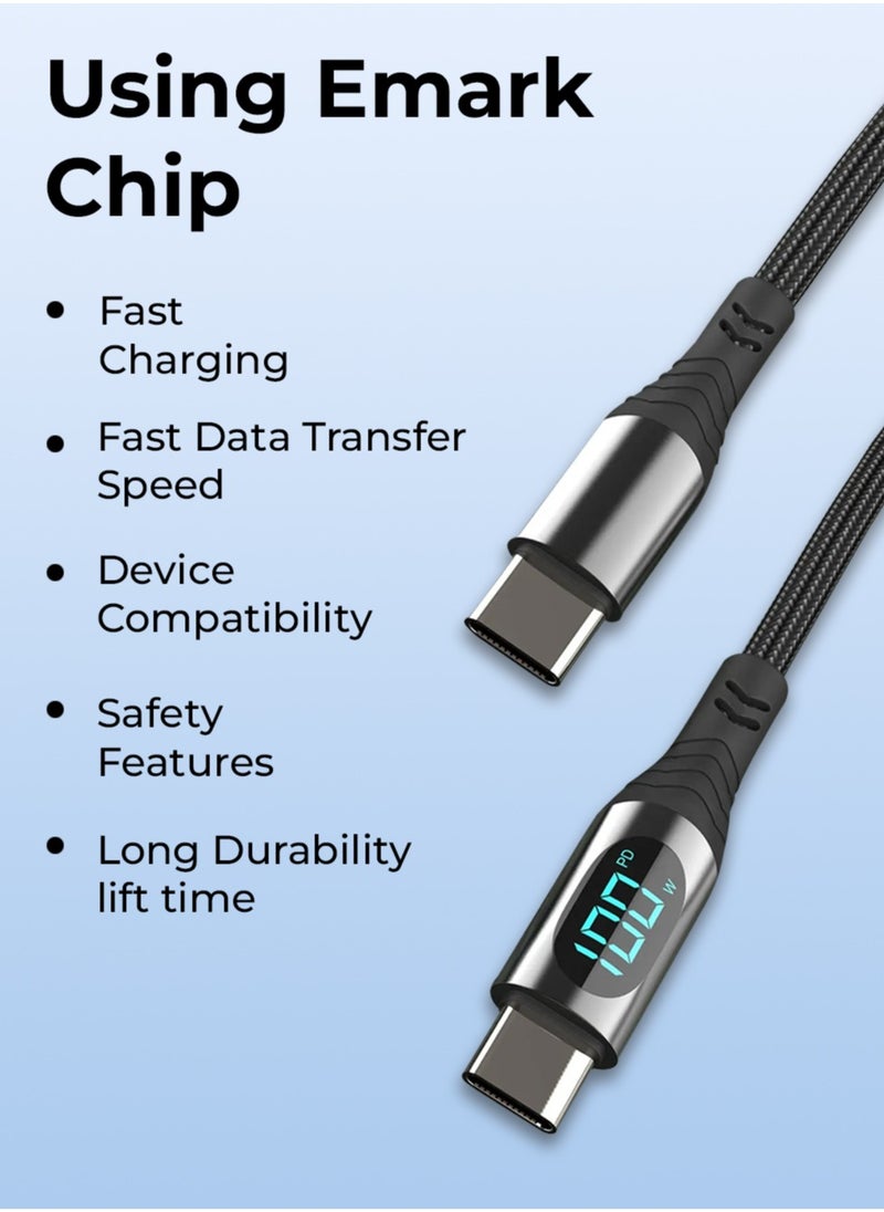 glassology - USB C to C 1.2 Meter LED Current Voltage Display 3A USB Fast Charging Braided Black - Image 1