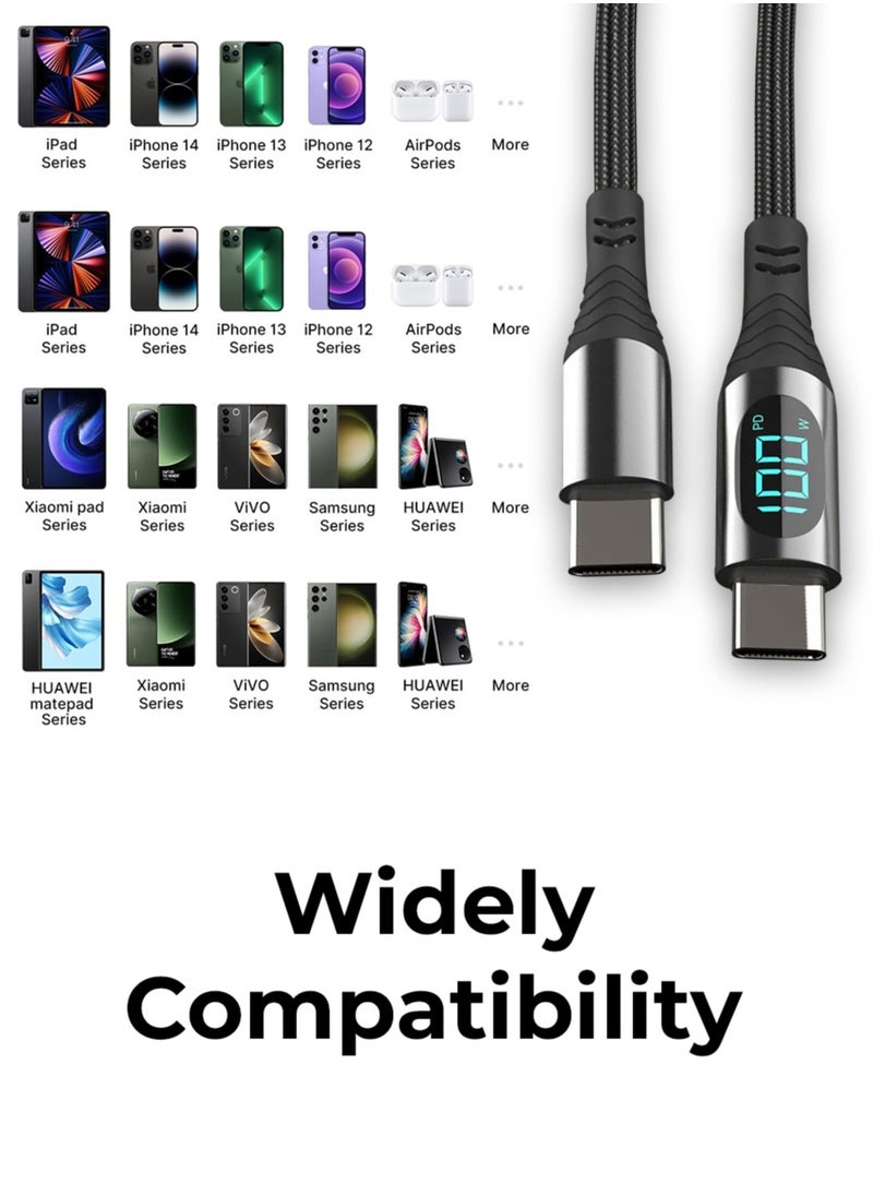 glassology - USB C to C 1.2 Meter LED Current Voltage Display 3A USB Fast Charging Braided Black - Image 1