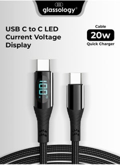 glassology USB C to C 1.2 Meter LED Current Voltage Display 3A USB Fast Charging Braided Black  - Image 1
