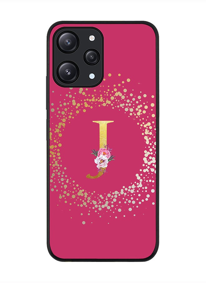 Stylizedd Cover for Xiaomi Redmi 12 4G Case, Rugged Black Slim fit  Protective Phone Cases- Custom Monogram Initial Letter Floral Pattern Alphabet -J (Dark Pink Rose)  - Image 1