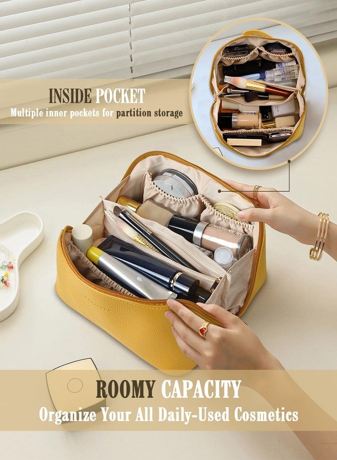 Batfield Cosmetic Bag For Women,Litchi Pu Leather Makeup Pouch For Women,Large Capacity Cosmetic Travel Bag,Portable Makeup Kit Storage Bag With Handle And Divider,Makeup Organizer Bag (Yellow),12 cm - Image 3