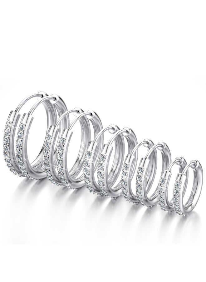 5 Pairs Titanium Steel Cubic Zirconia Hoop Earrings, Stainless Steel Stackable Daily Fashion Jewelry（Silver） - Image 1