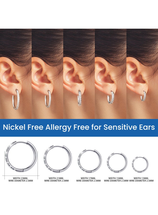 5 Pairs Titanium Steel Cubic Zirconia Hoop Earrings, Stainless Steel Stackable Daily Fashion Jewelry（Silver） - Image 2